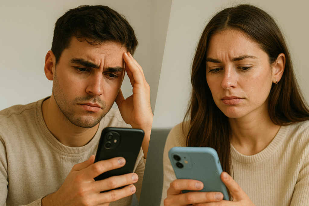 A man and a woman looking at their phones with confused expressions, representing the frustration of getting dating app matches without receiving replies.