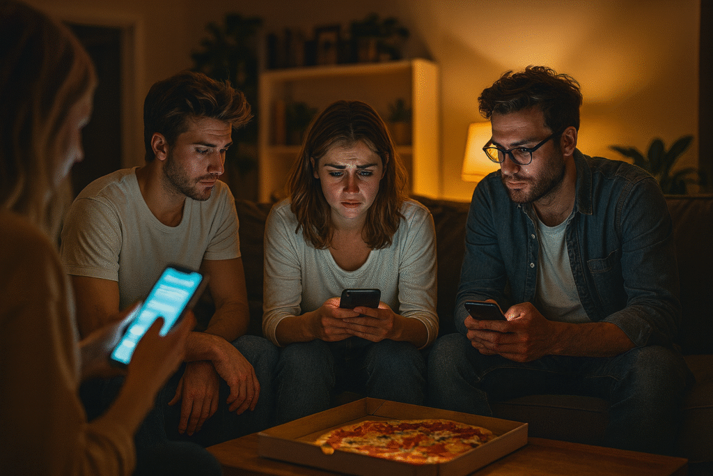 Group of young adults sitting in a dim living room, all looking at their phones while one woman appears frustrated about not getting replies on her dating apps