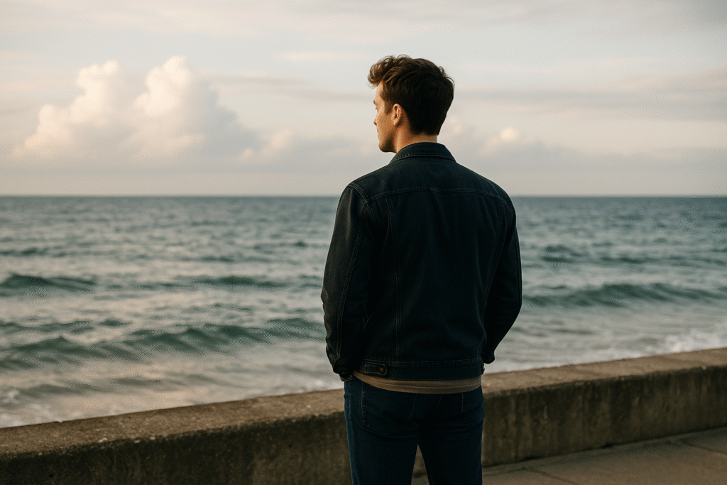 Man standing near the ocean looking at the water, reflecting quietly while recovering from a breakup
