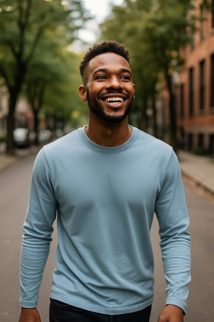 Man smiling while walking outdoors, showing confidence and emotional healing after a breakup.
