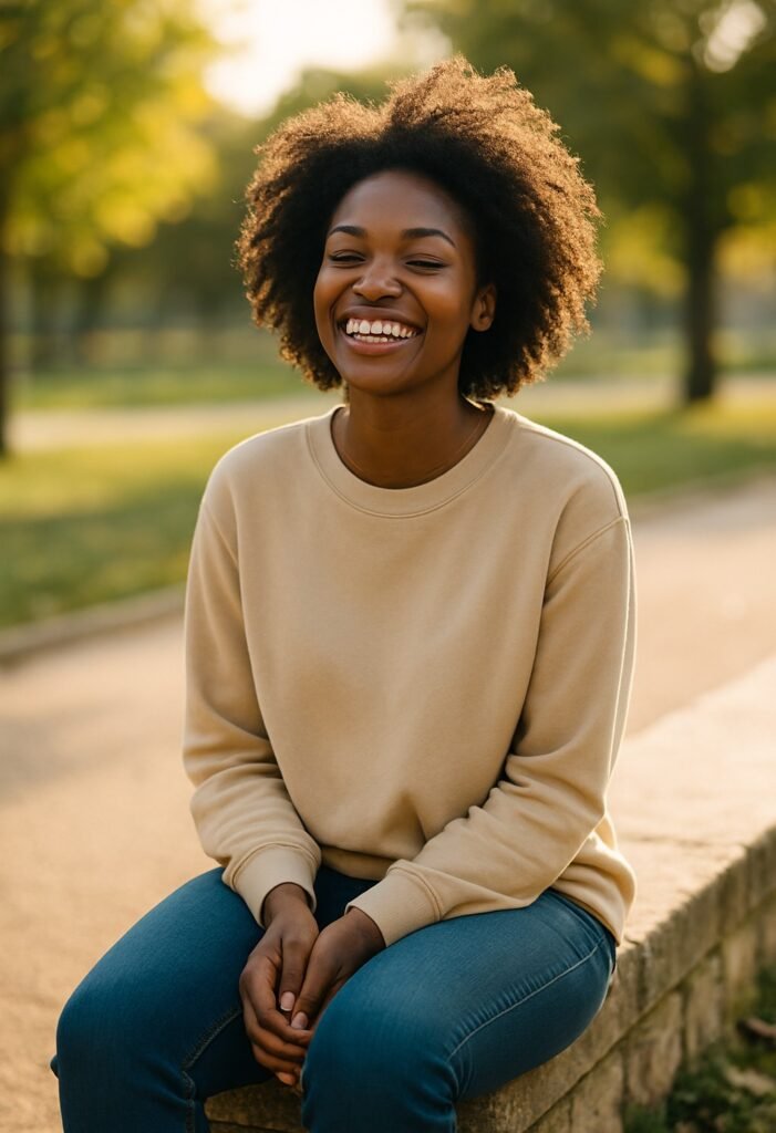 Young African woman smiling outdoors, showing confidence and emotional healing after a breakup.