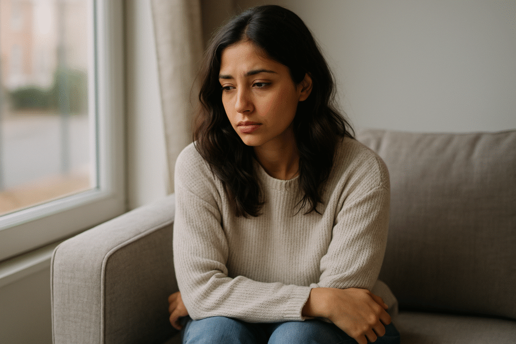 Woman sitting quietly on a sofa looking thoughtful, reflecting during the emotional healing process after a breakup.