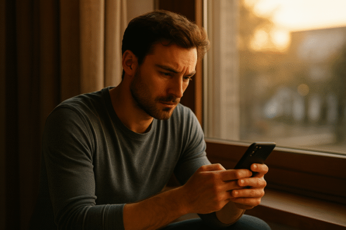 Man sitting by a window looking at his phone with a concerned expression, noticing something that feels off in an online conversation.