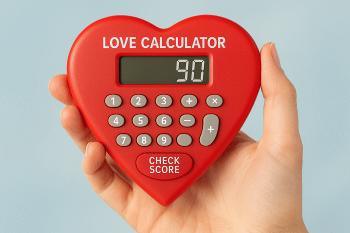 Heart shaped love calculator showing a score of 90 held by a woman’s hand.