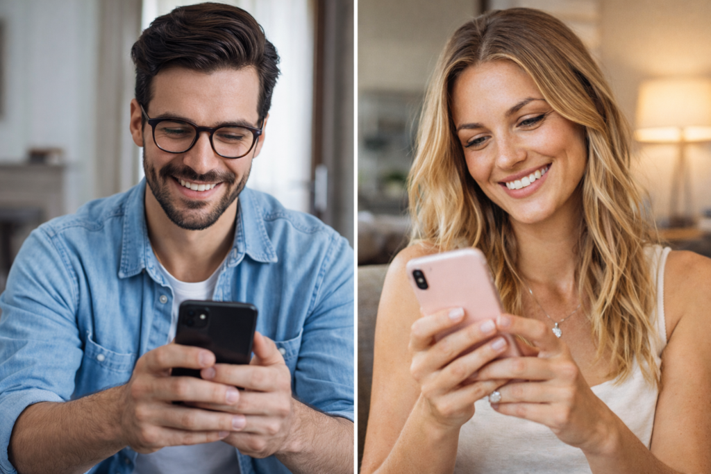 Smart confident man and woman using dating apps from different homes and smiling at their phones