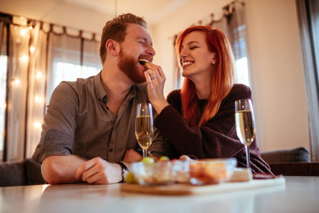 Confident dating moment showing playful interaction and comfort between a couple