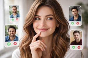 Smiling woman exploring dating app profiles and potential matches