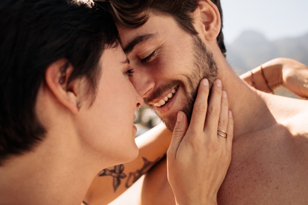 A couple sharing a quiet, intimate moment that reflects emotional connection and love